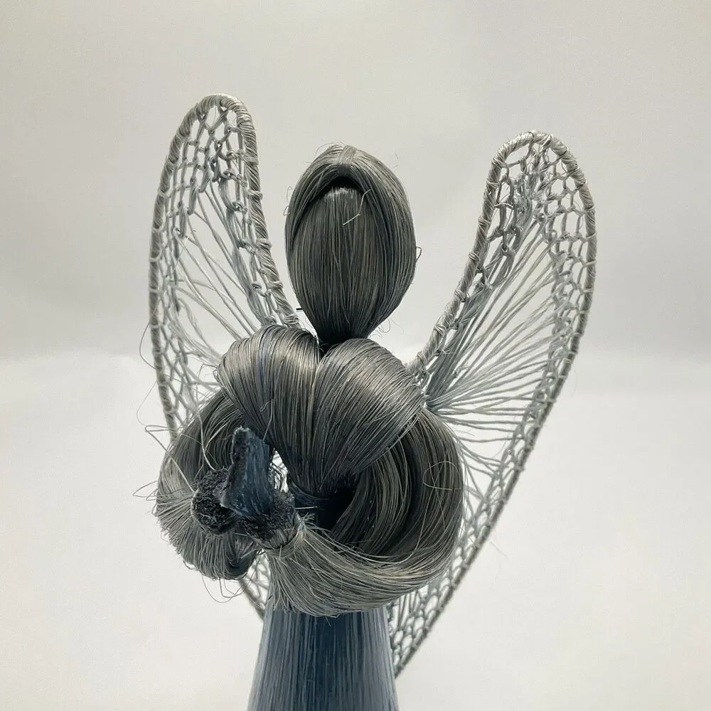 Vintage Handmade Blue Abaca Fiber Angel Christmas Tree Topper Signed 10